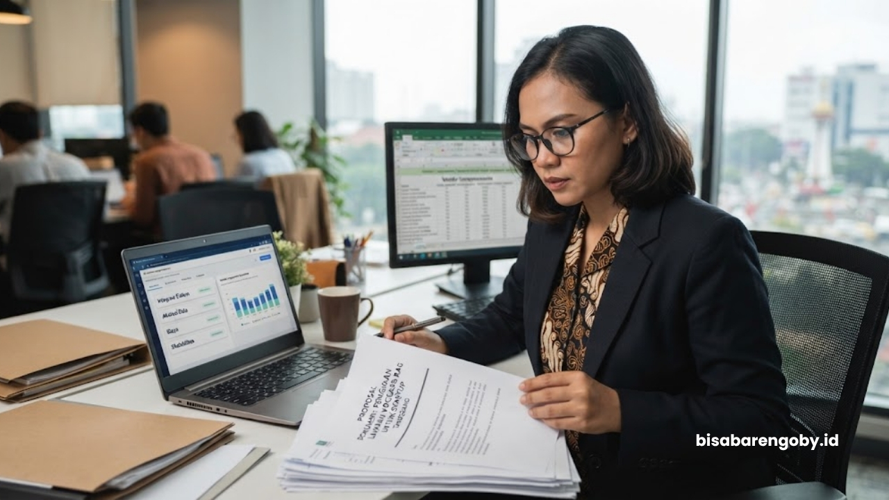 Manajer pengadaan mengevaluasi dokumen penawaran saat menyeleksi paket Voice AI untuk startup di Tangerang berbasis RAG
