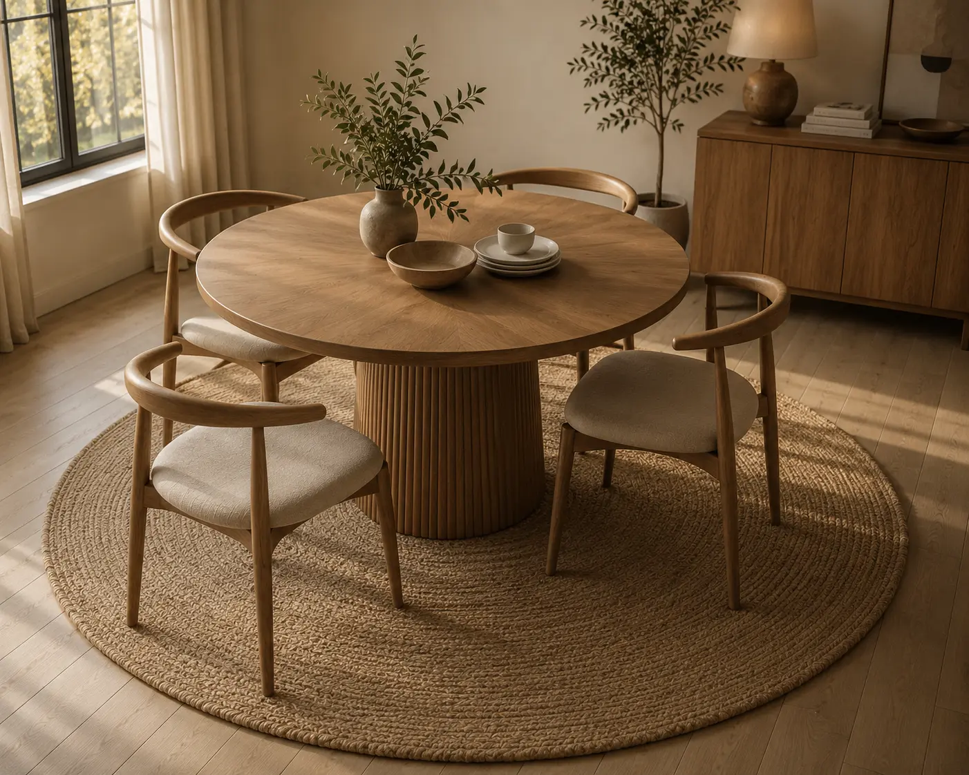 round dining table with matching round area rug