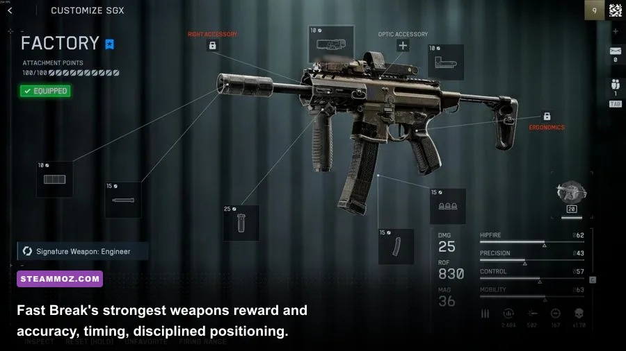 Fast Break weapon selection screen showing rifles shotguns and launchers