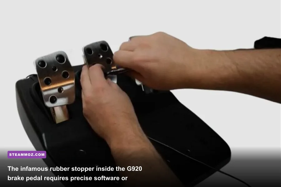 Close-up of the Logitech G920 pedal assembly highlighting the brake mechanism