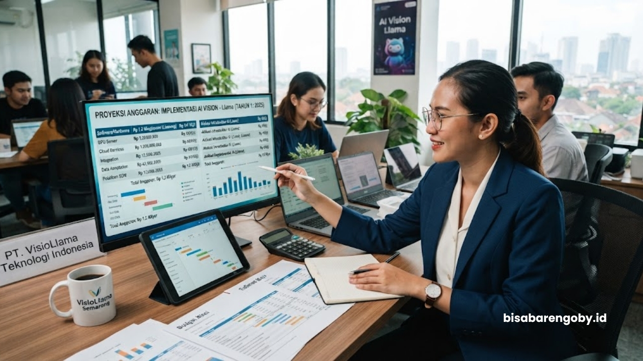 Manajer pengadaan memproyeksikan alokasi anggaran sebelum mengeksekusi implementasi AI Vision untuk startup di Semarang berbasis Llama