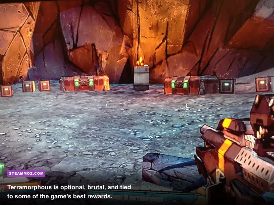 Terramorphous the Invincible towering over Vault Hunters in Borderlands 2