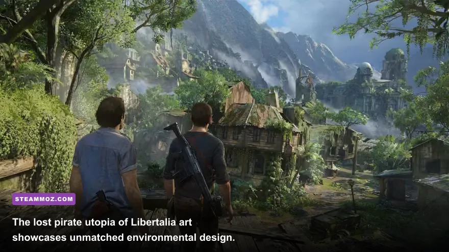 Nathan and Sam Drake exploring the overgrown pirate colony ruins of Libertalia