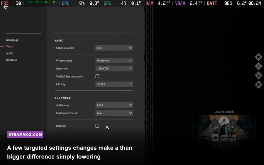 Cataclismo PC graphics settings menu showing resolution and shadow options