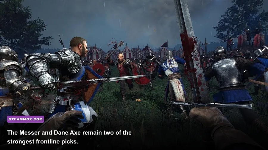 Chivalry 2 player using a Messer and Dane Axe during a frontline battle