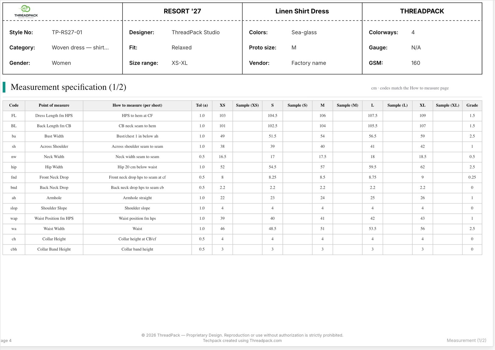 Tech pack page 4: graded measurement spec XS to XL