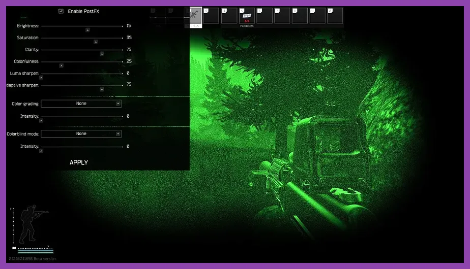 Escape from Tarkov PostFX settings adjusted for visibility in dark indoor areas