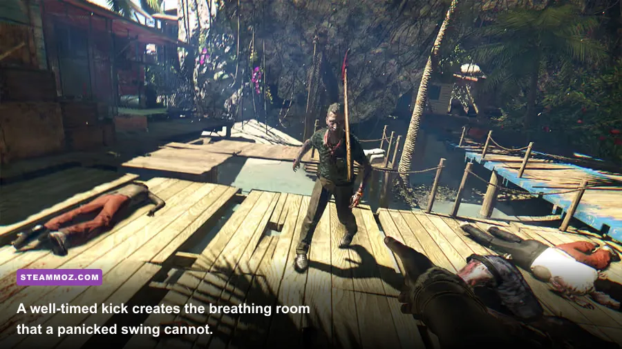Dead Island Definitive Collection combat showing a survivor kicking a group of zombies