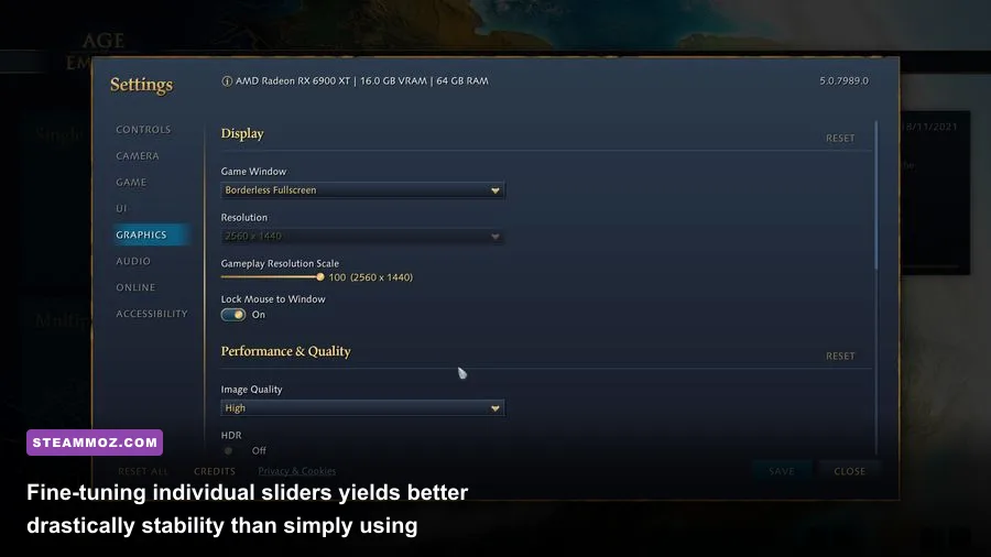 In-game graphics options menu in Age of Empires on PC