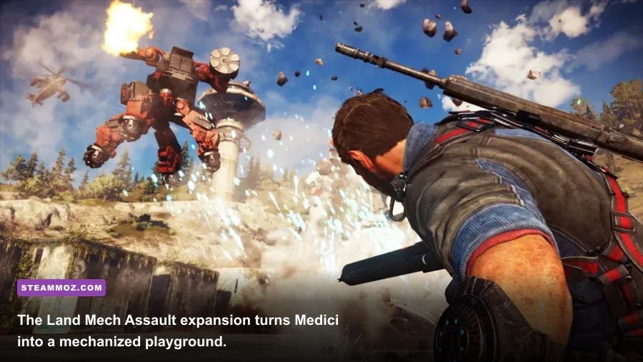 Just Cause 3 Land Mech Assault DLC showing Rico piloting a powerful rebel mech