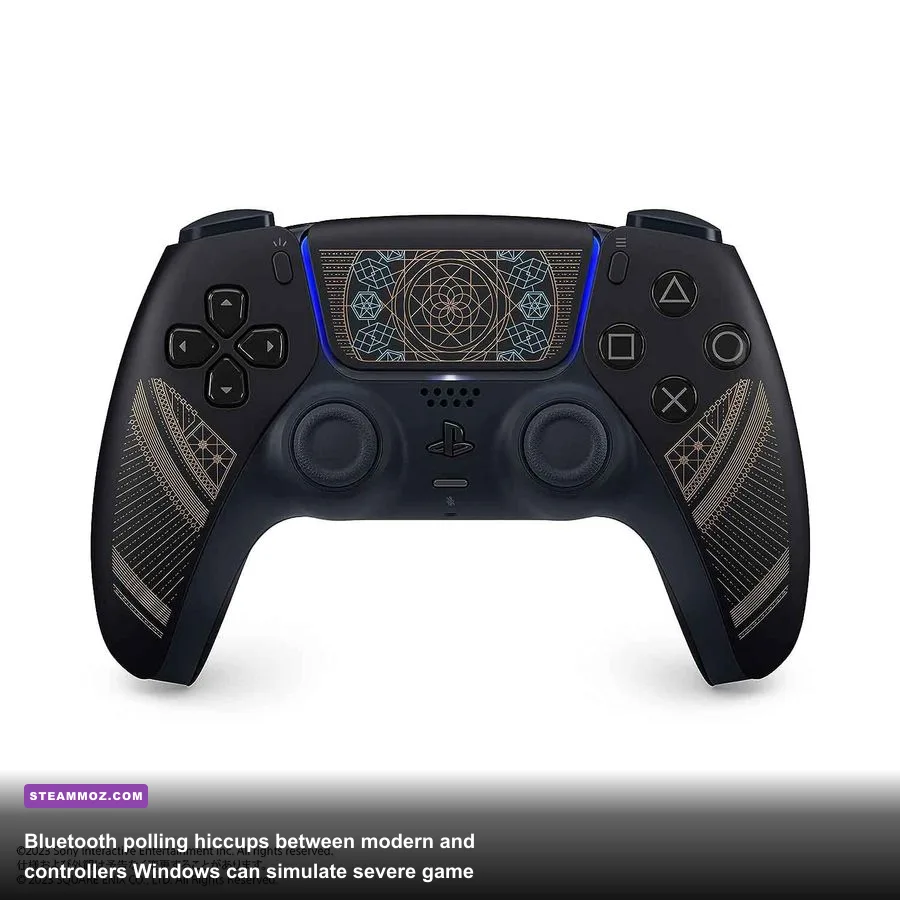 Wireless gaming controller connected to a modern PC setup running high-end RPG combat