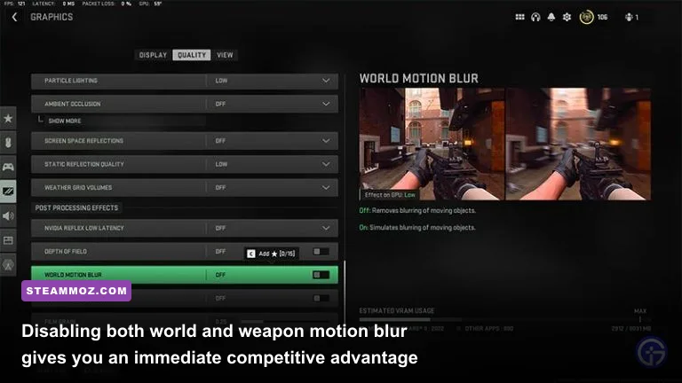 First person shooter view in Modern Warfare with motion blur disabled for maximum clarity