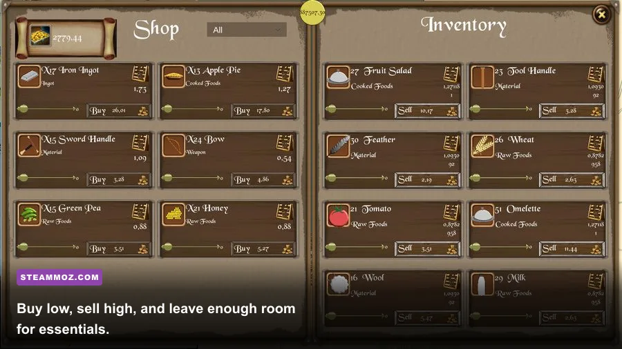 Caravan game trading and inventory interface