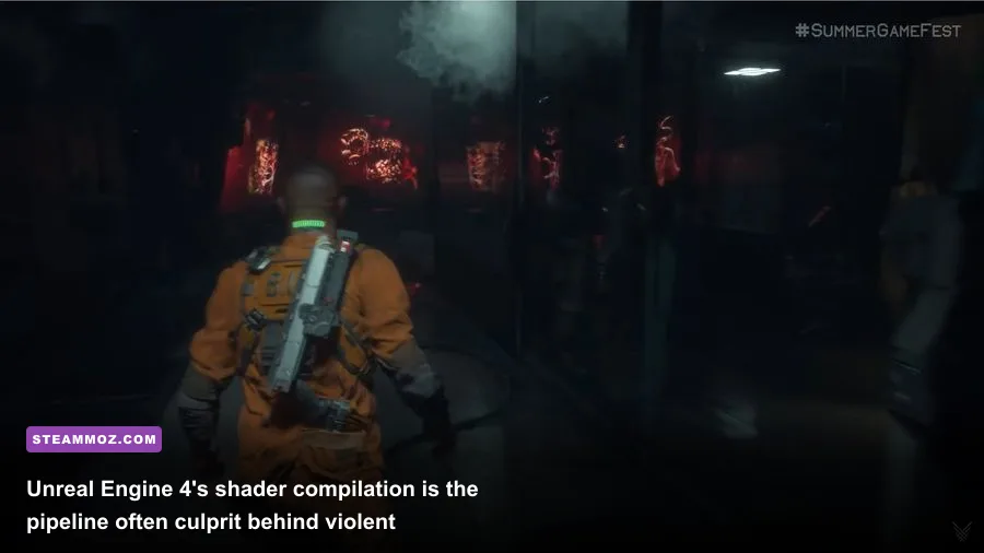 A metallic hallway in The Callisto Protocol showcasing heavy lighting and atmospheric fog