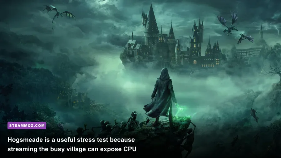 Hogwarts Legacy Hogsmeade village gameplay scene used for PC performance testing
