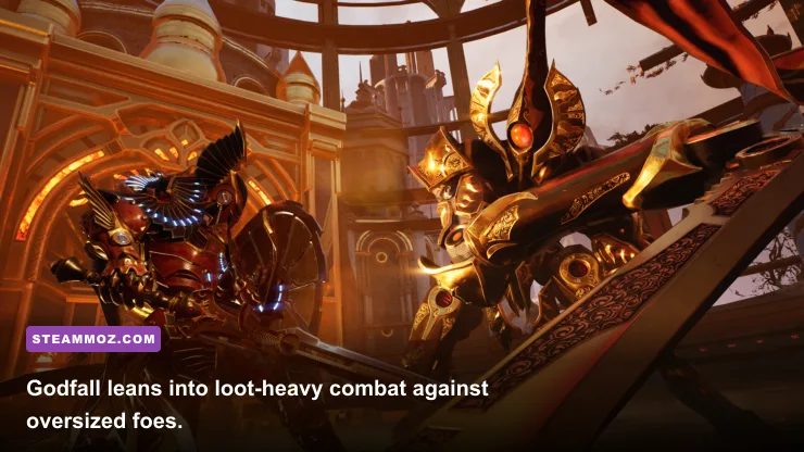Knight in ornate armor battling a colossal enemy in Godfall
