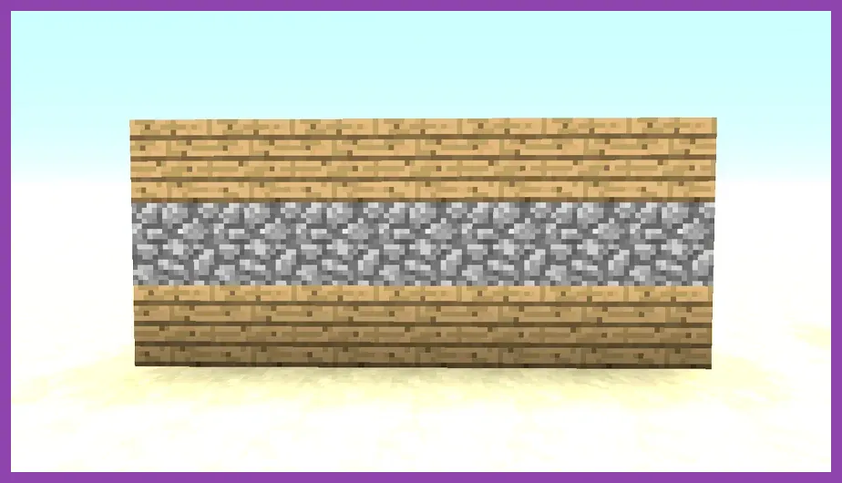 Close-up of essential early-game Minecraft materials: oak planks, cobblestone, and coal