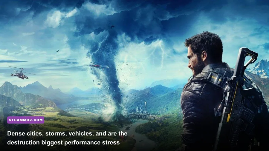 Rico Rodriguez exploring the Solís open world in Just Cause 4 Reloaded