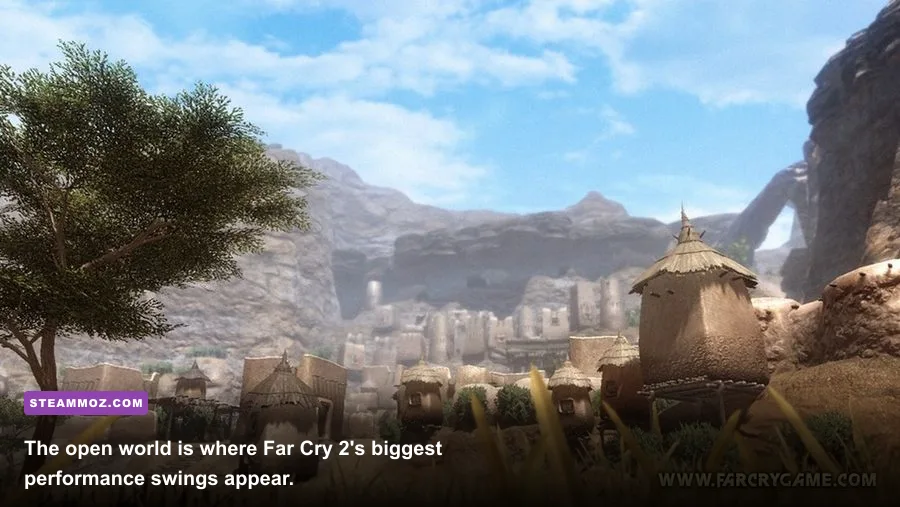Far Cry 2 player exploring the African savanna in first person