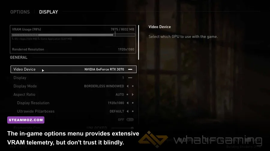 In-game graphics settings display menu for The Last of Us Part I on PC