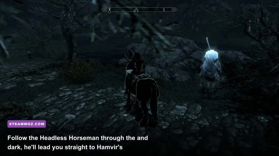 Ghostly headless horseman riding a spectral steed along a dirt road in Skyrim