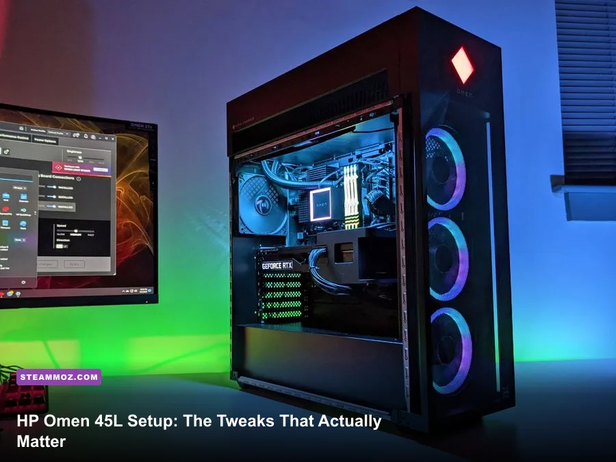 HP OMEN 45L gaming desktop showing its glass side panel and RGB components