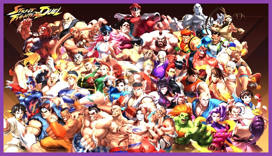 Portrait gallery of Street Fighter Duel fighters including Ryu, Ken, Akuma