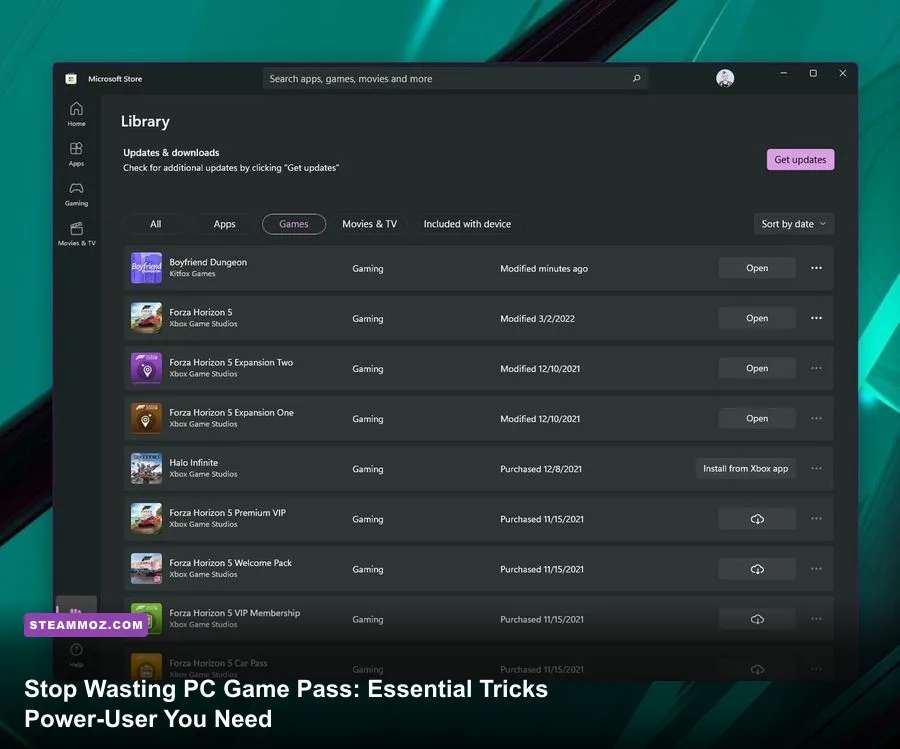 Xbox PC app displaying the Game Pass catalog and custom installation settings