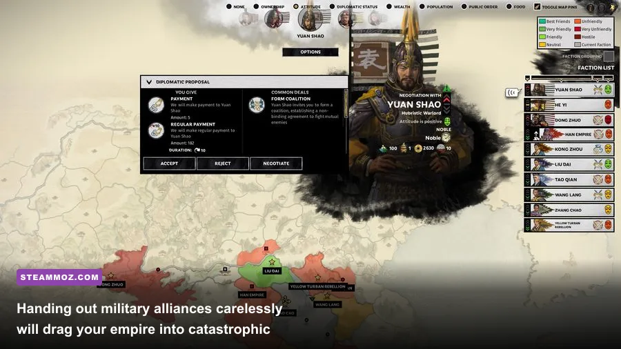 Diplomatic interface showing faction relationships and treaties in Total War Three Kingdoms