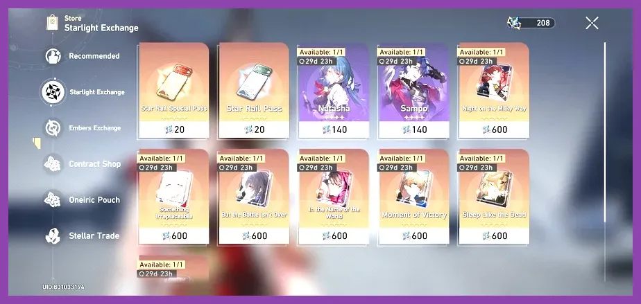 Honkai Star Rail contract shop menu displaying character skins and pricing