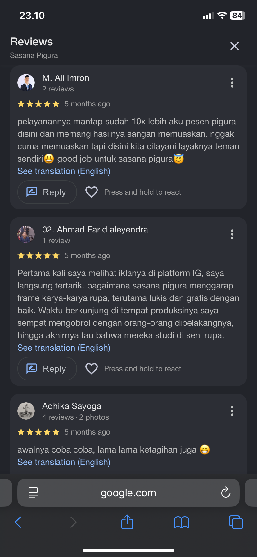 Screenshot testimoni WhatsApp customer Sasana Pigura 9