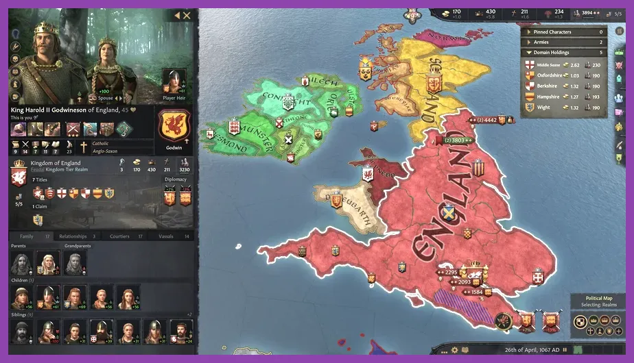 Detailed Crusader Kings 3 capital city with castles and armies on the map