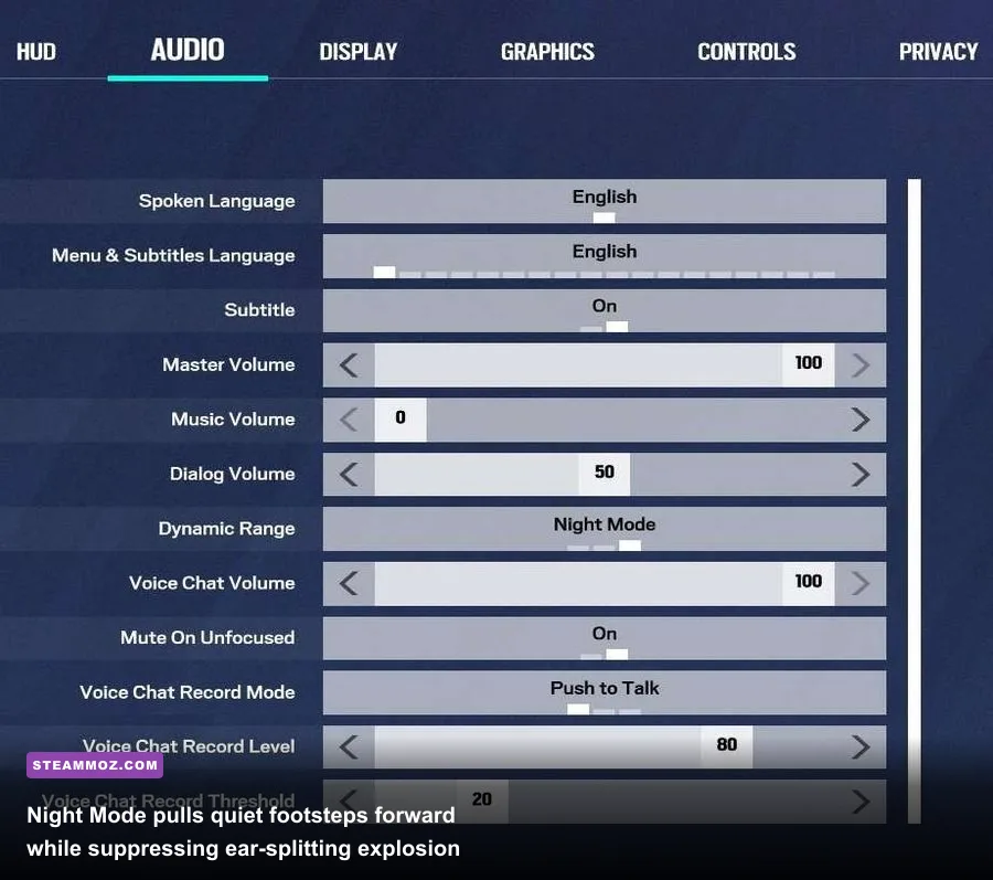 Rainbow Six Siege audio dynamic range Night Mode settings menu