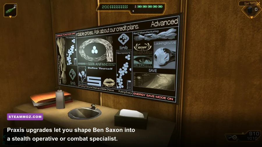 Deus Ex The Fall augmentation menu showing cybernetic abilities