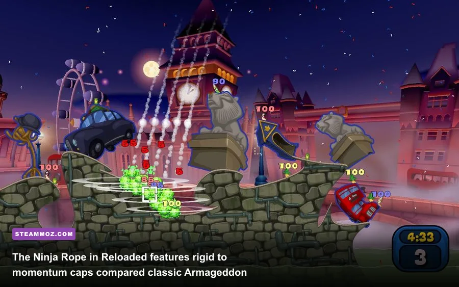 A pink worm swinging across a jagged cliff using the Ninja Rope in Worms Reloaded