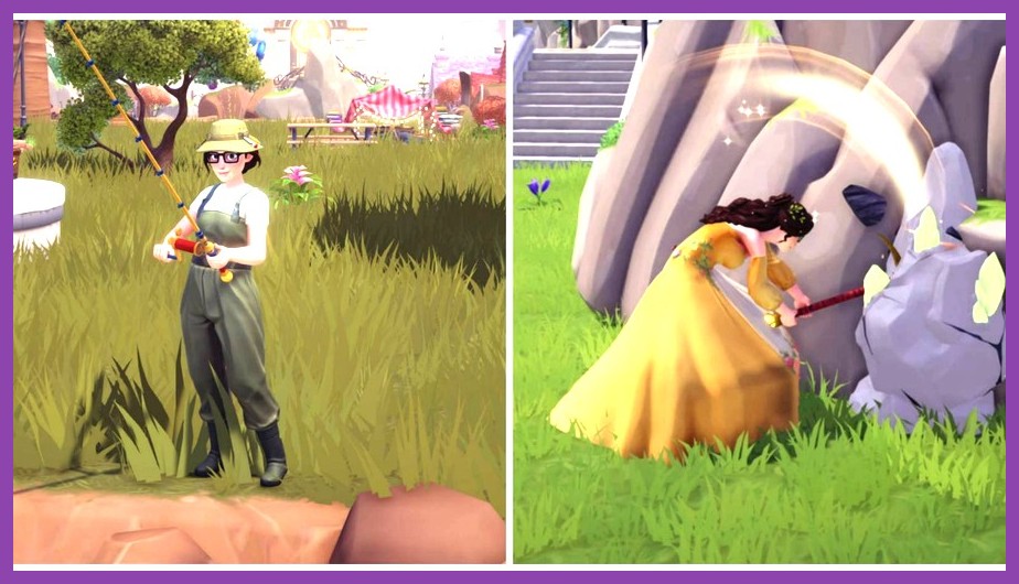 Player companion assisting during mining and gardening in Disney Dreamlight Valley