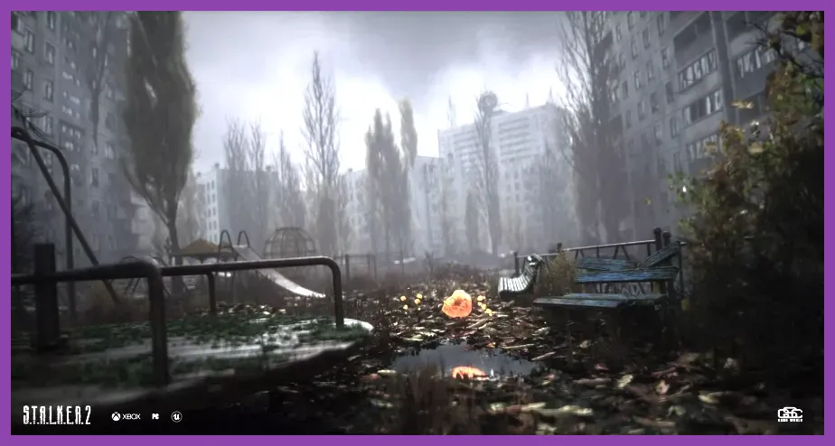 Abandoned Pripyat city skyline in Stalker 2