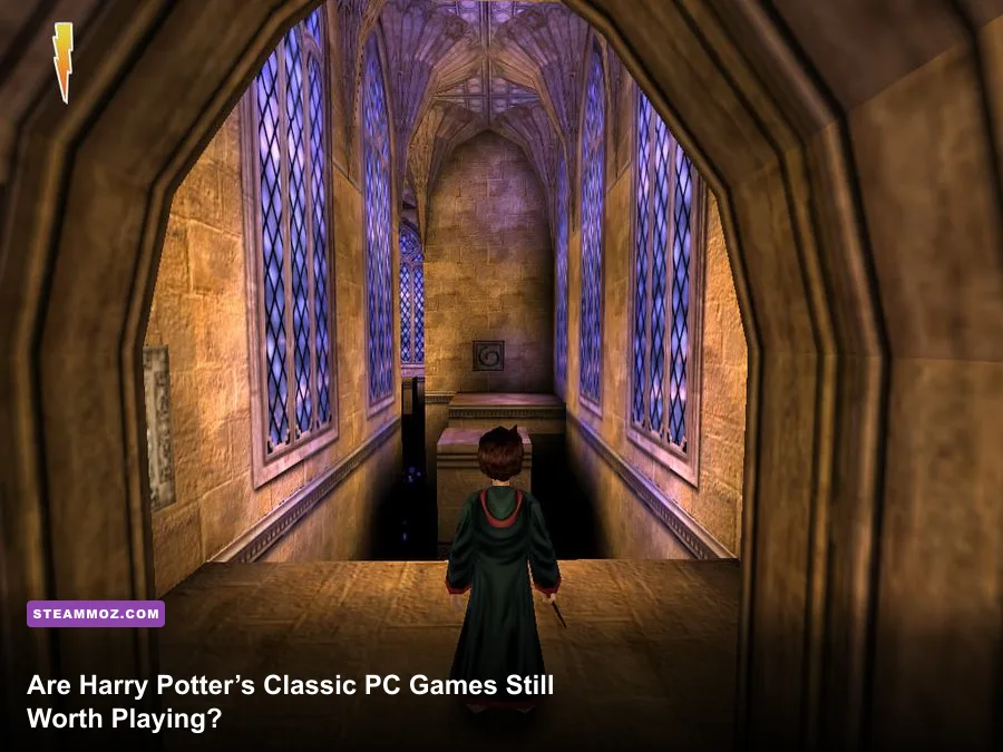 Harry Potter exploring Hogwarts in the classic PC game