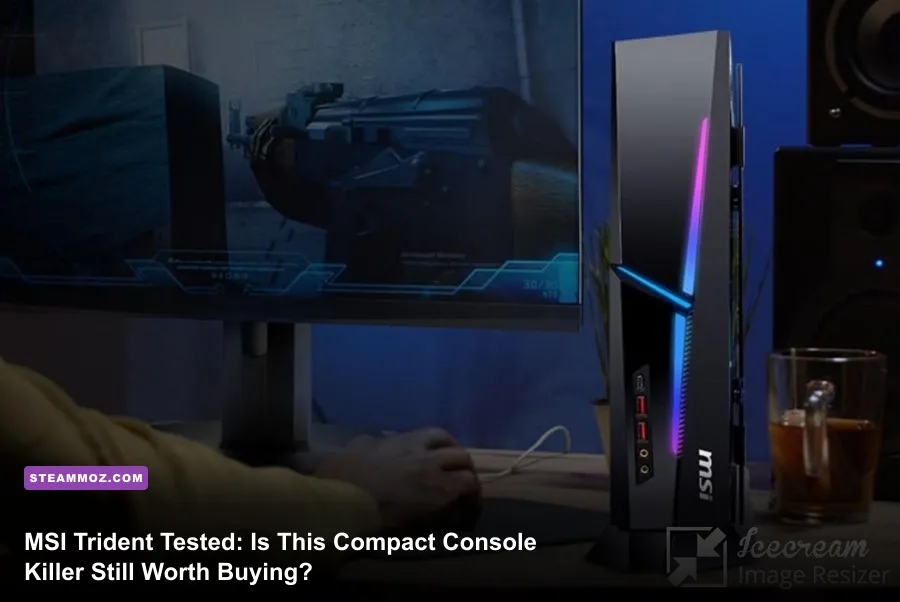 MSI MPG Trident gaming PC standing vertically next to a gaming monitor