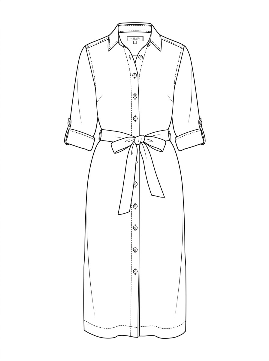 Technical front flat sketch of the linen shirt dress