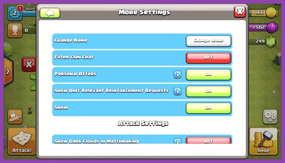 Clash of Clans settings menu showing the High Frame Rate option