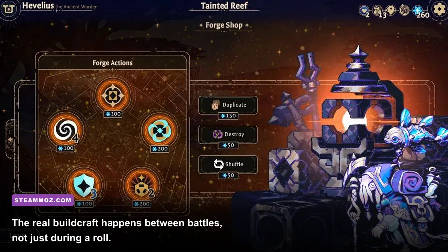 Astrea Six-Sided Oracles build screen displaying dice upgrades and run rewards