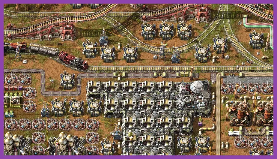Factorio artillery train shelling enemy nests near a remote mining outpost