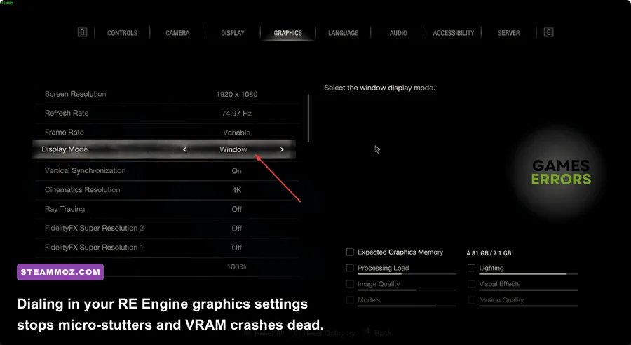 Resident Evil 4 Remake graphics settings menu showing VRAM usage and display options