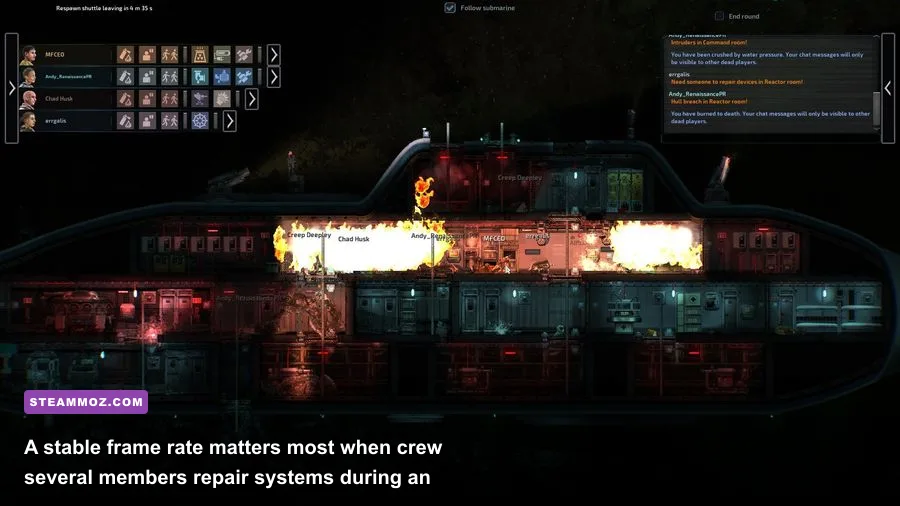 Barotrauma crew members repairing a damaged submarine interior