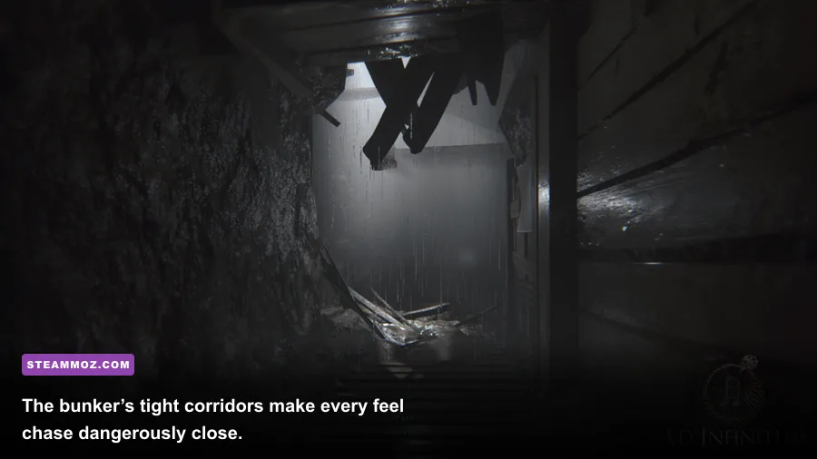 Ad Infinitum underground bunker corridor with a terrifying creature