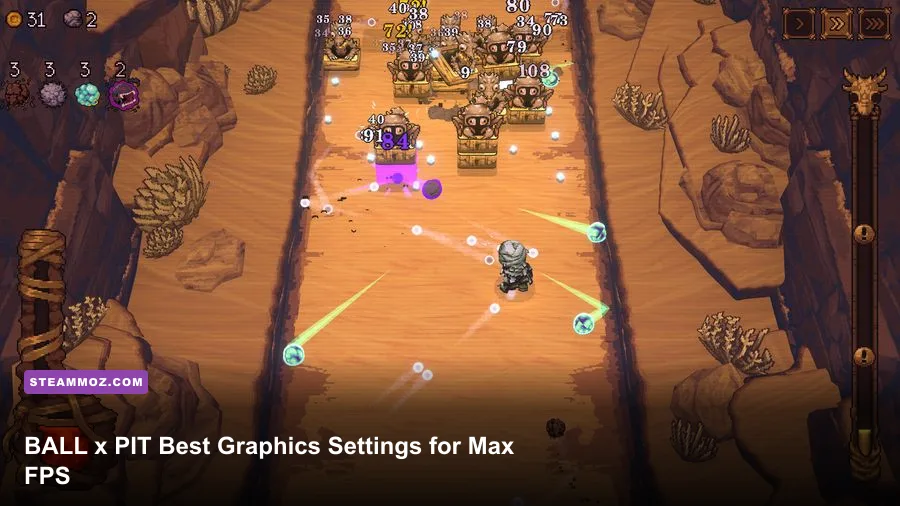 BALL x PIT gameplay showing the pixel-art arena packed with enemies and rolling balls