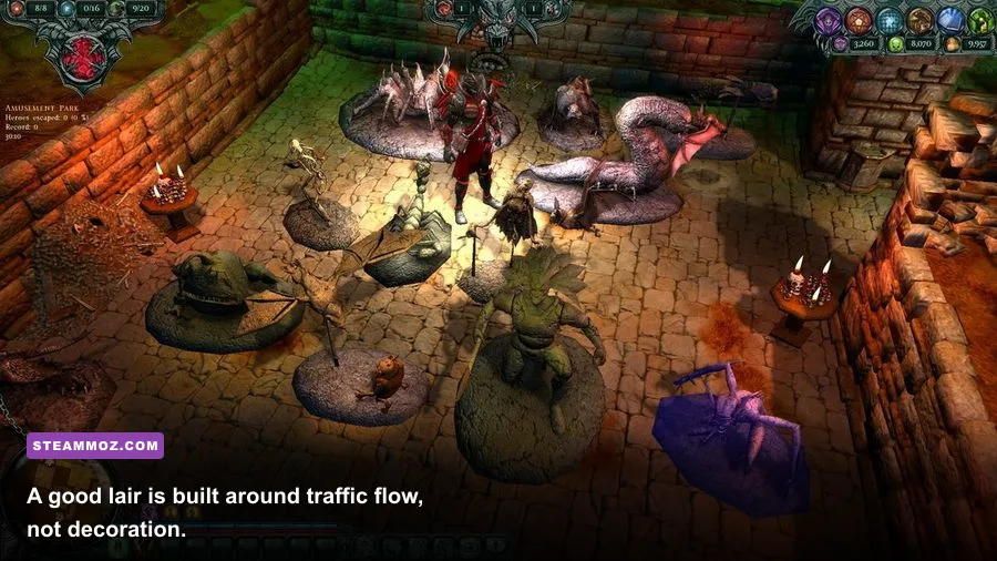 Dungeons 2011 underground lair with rooms, corridors, monsters, and captured heroes