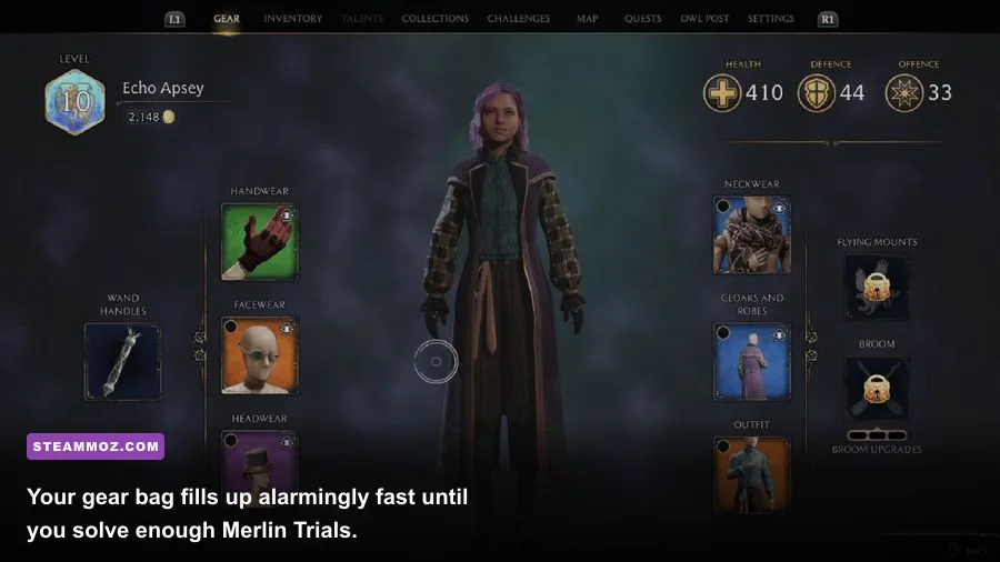 Hogwarts Legacy inventory gear screen showing slots and stats
