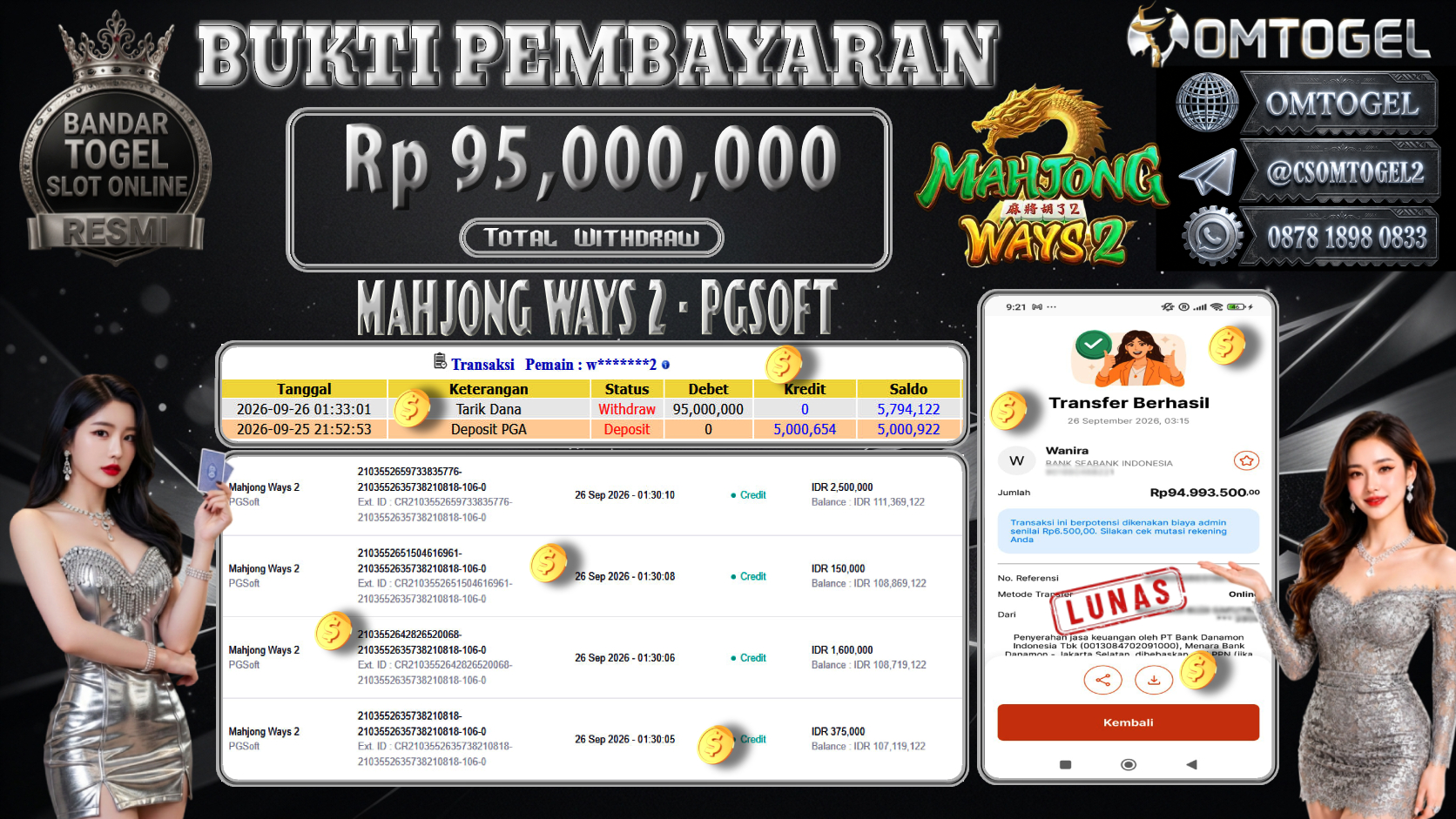 OMTOGEL JACKPOT PGSOFT MAHJONG WAYS 2 Rp.95,000,000,- DIBAYAR LUNAS